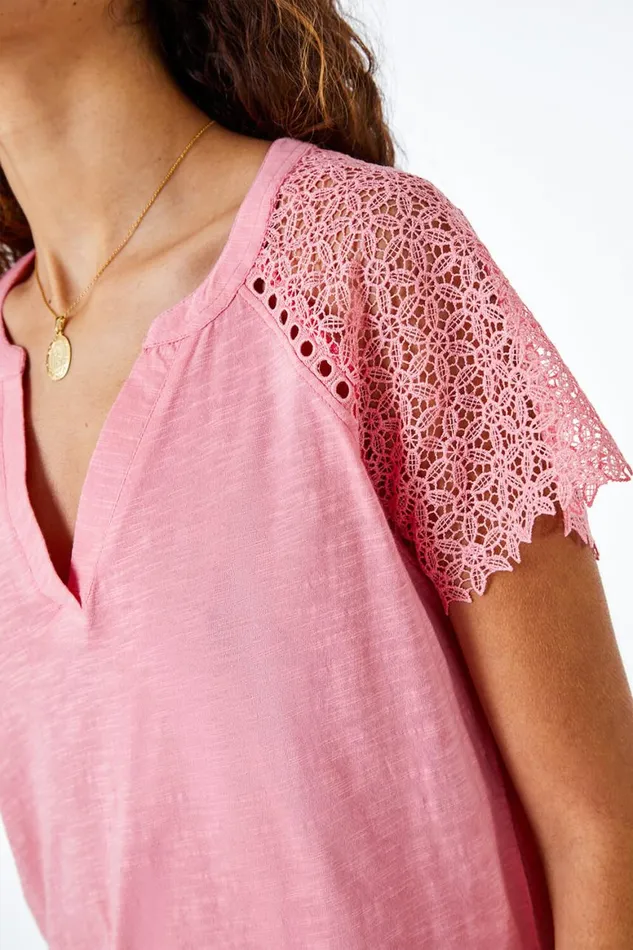 Women Pink Embroidered Sleeve VNeck Jersey TShirt Roman Tops