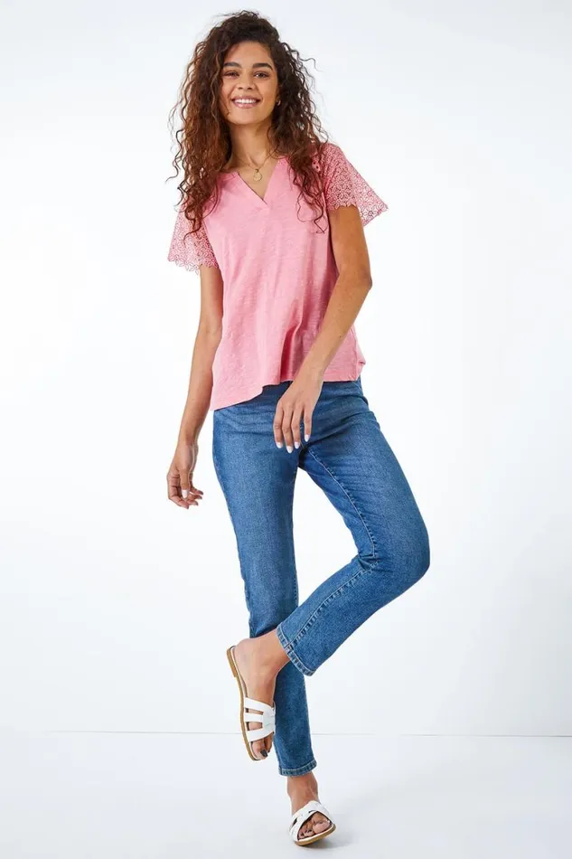 Women Pink Embroidered Sleeve VNeck Jersey TShirt Roman Tops