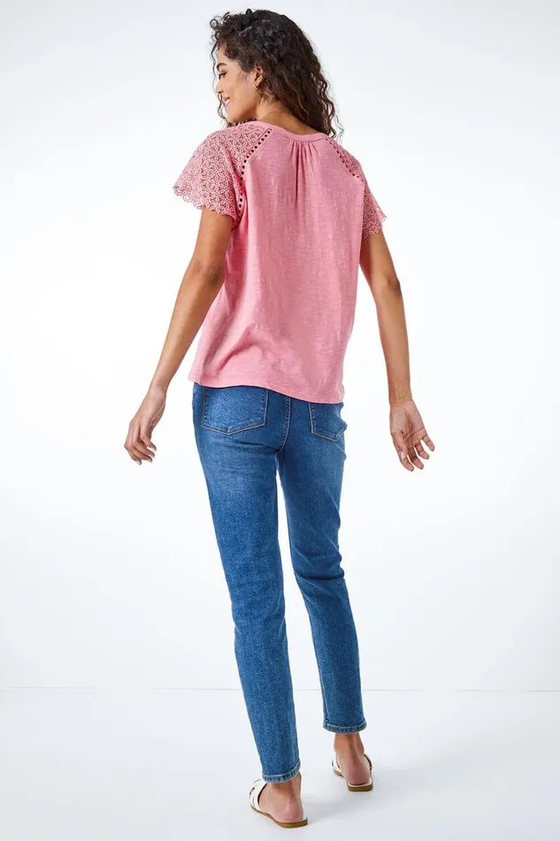 Women Pink Embroidered Sleeve VNeck Jersey TShirt Roman Tops