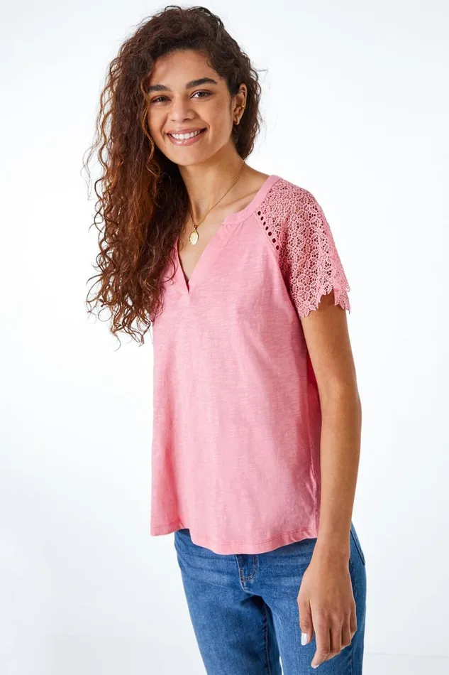 Women Pink Embroidered Sleeve VNeck Jersey TShirt Roman Tops