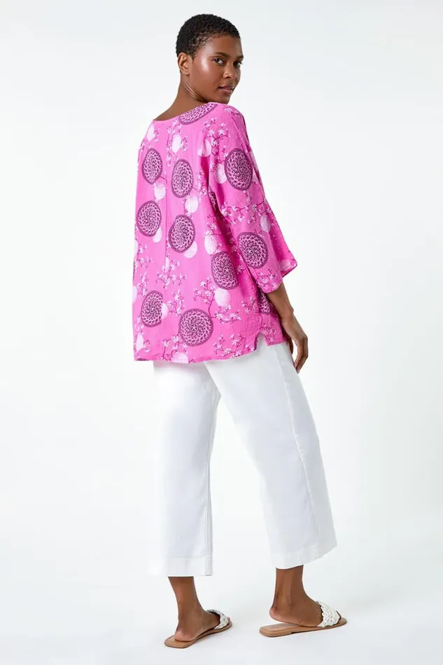 Women Pink Floral Embroidered Cotton Top With Necklace Roman Tops