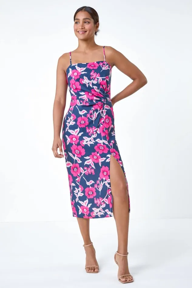 Women Pink Floral Linen Look Ruched Midi Dress Roman Dresses