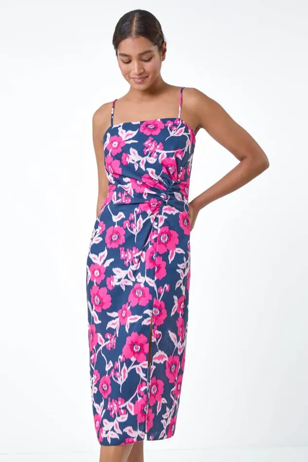 Women Pink Floral Linen Look Ruched Midi Dress Roman Dresses