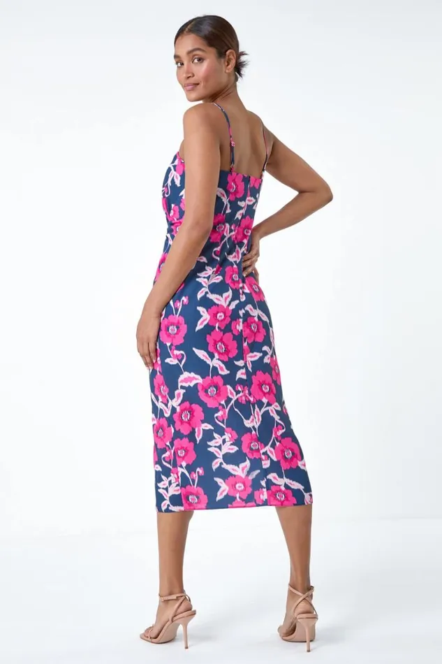 Women Pink Floral Linen Look Ruched Midi Dress Roman Dresses
