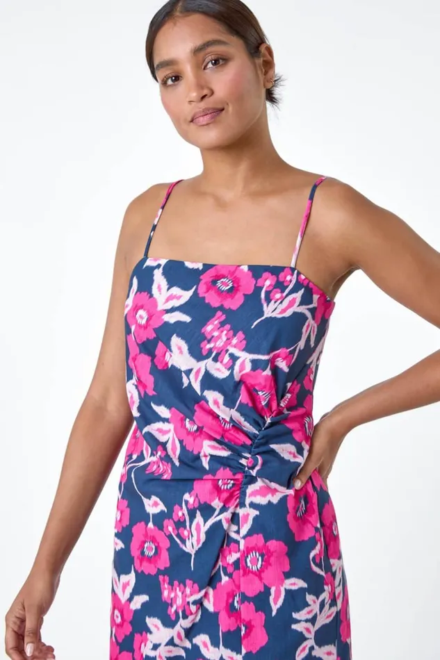 Women Pink Floral Linen Look Ruched Midi Dress Roman Dresses