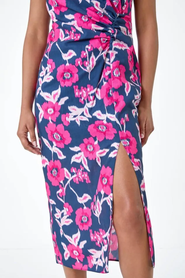 Women Pink Floral Linen Look Ruched Midi Dress Roman Dresses