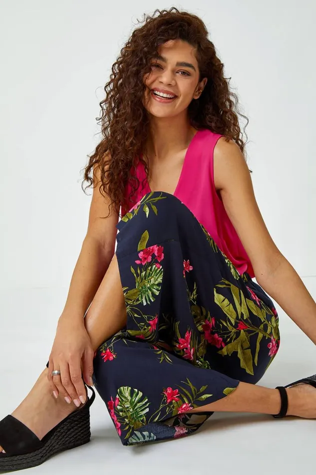 Women Pink Floral Palm Print Culottes Roman Trousers