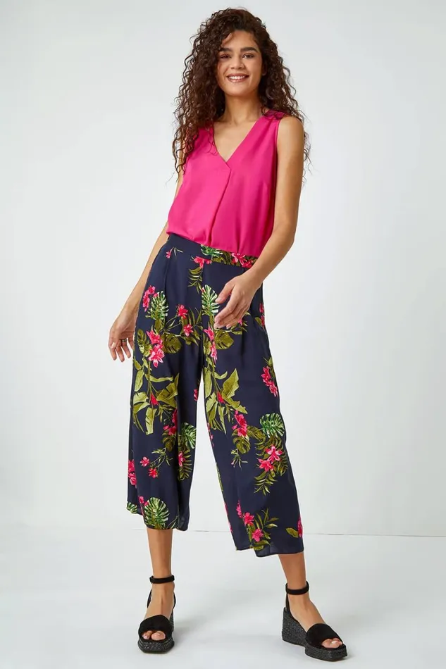 Women Pink Floral Palm Print Culottes Roman Trousers