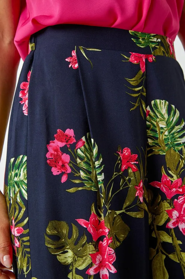 Women Pink Floral Palm Print Culottes Roman Trousers