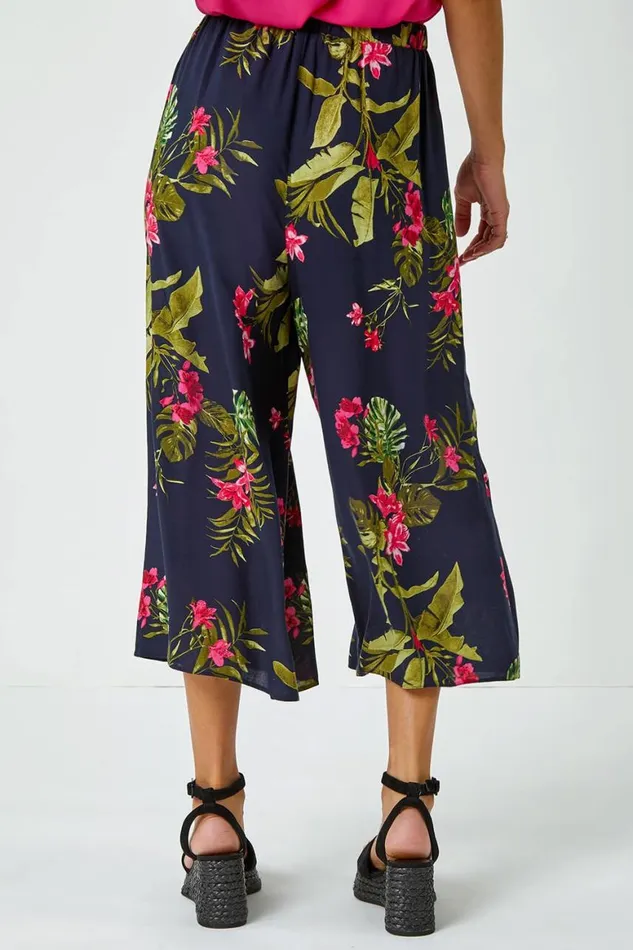 Women Pink Floral Palm Print Culottes Roman Trousers
