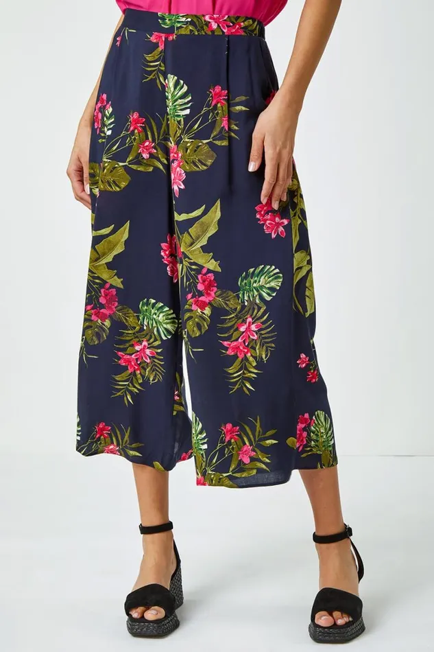 Women Pink Floral Palm Print Culottes Roman Trousers