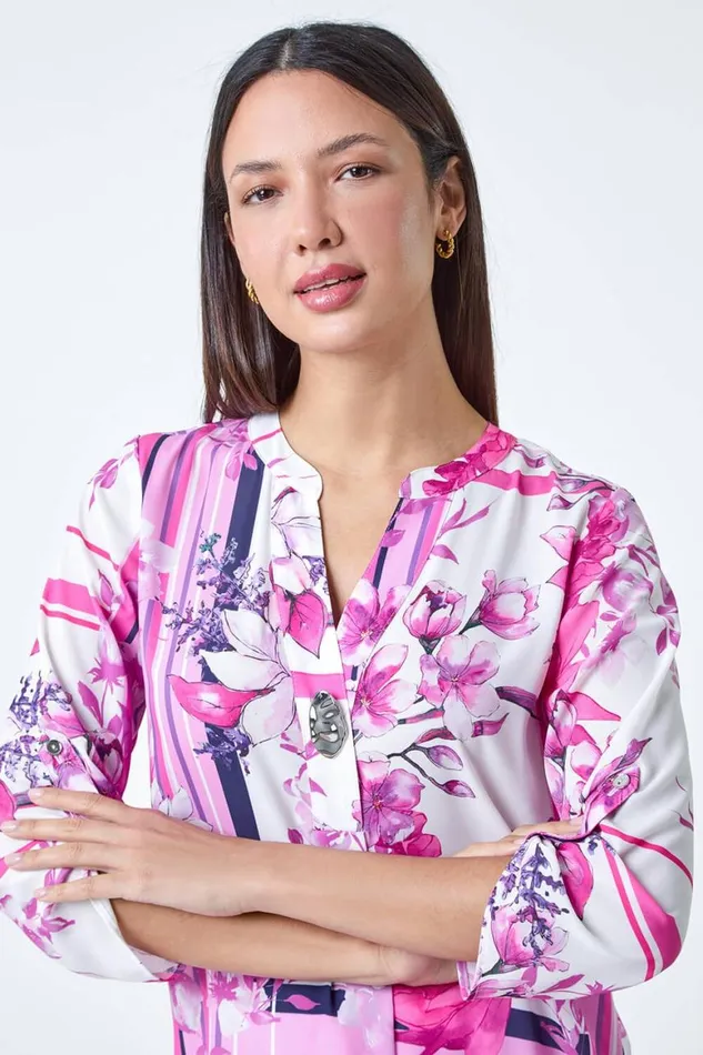 Women Pink Floral Patchwork Longline Button Detail Top Roman Tops