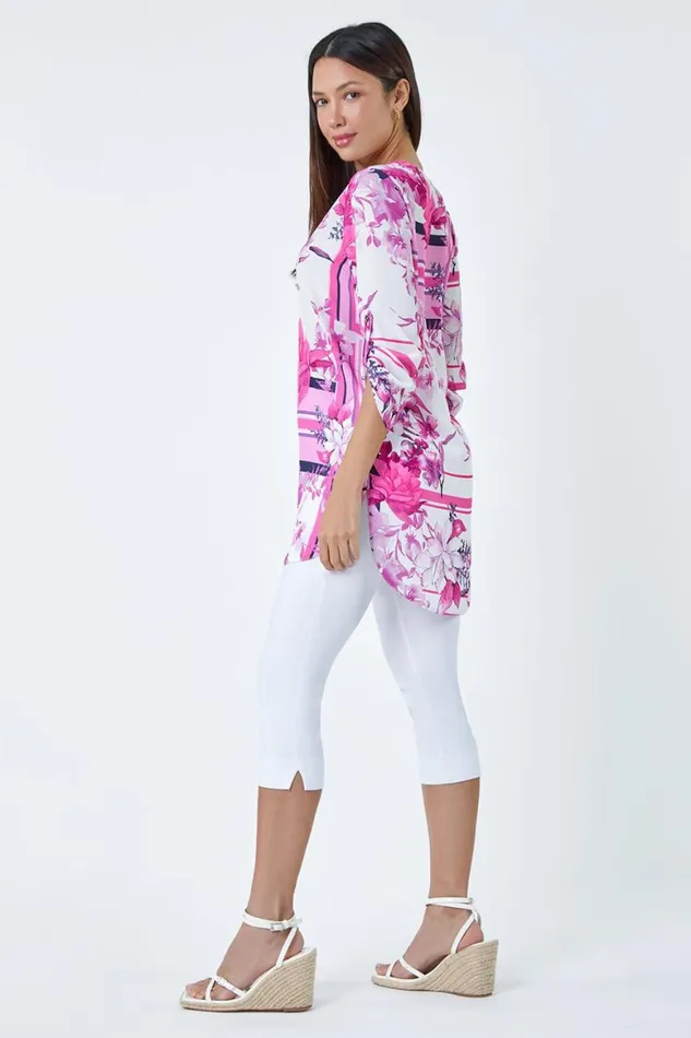 Women Pink Floral Patchwork Longline Button Detail Top Roman Tops