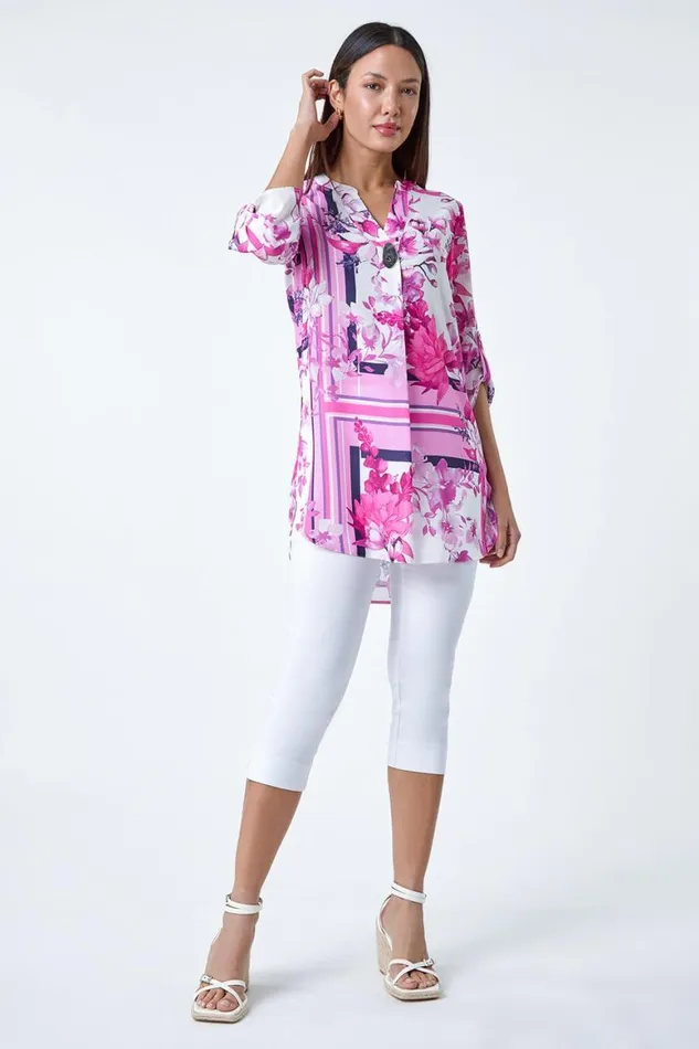 Women Pink Floral Patchwork Longline Button Detail Top Roman Tops