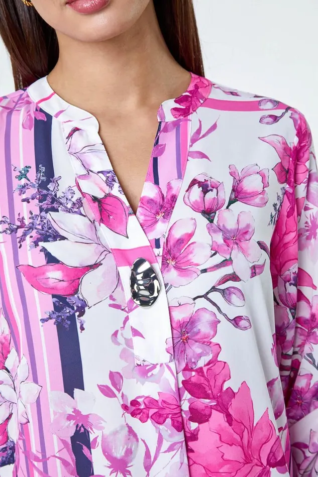 Women Pink Floral Patchwork Longline Button Detail Top Roman Tops