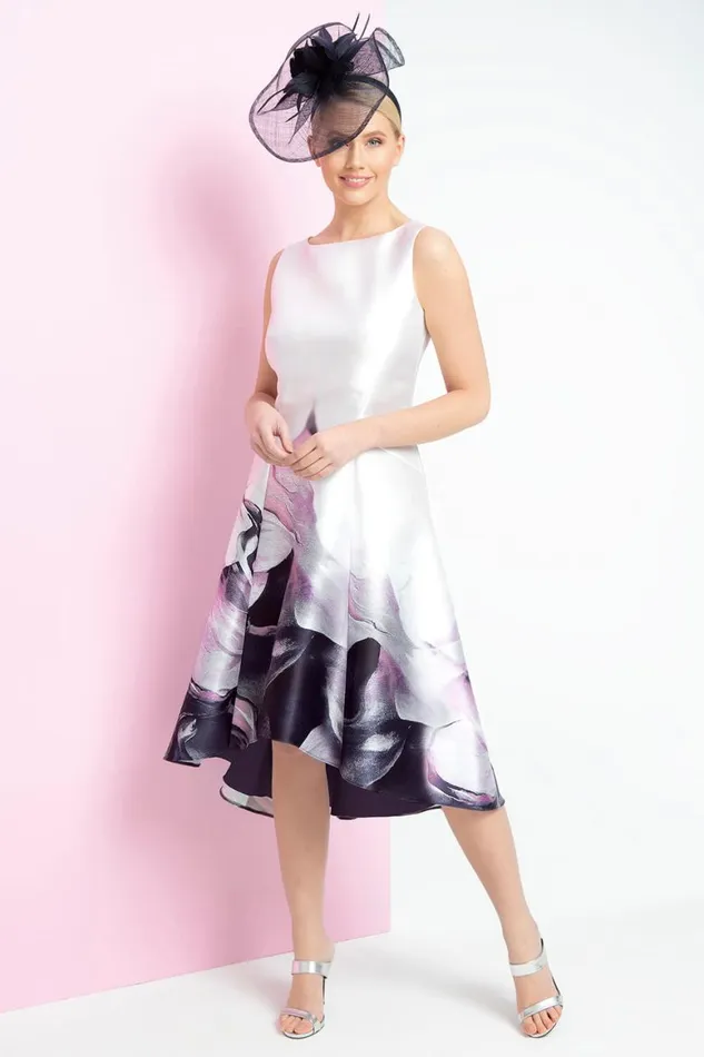 Women Pink Floral Print Dipped Hem Midi Dress Roman Dresses