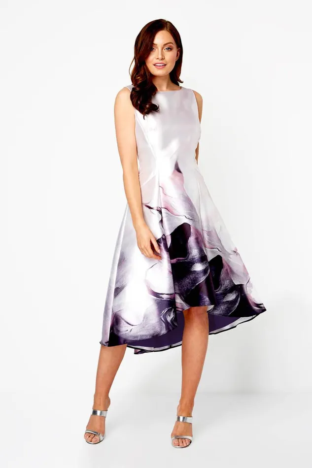 Women Pink Floral Print Dipped Hem Midi Dress Roman Dresses
