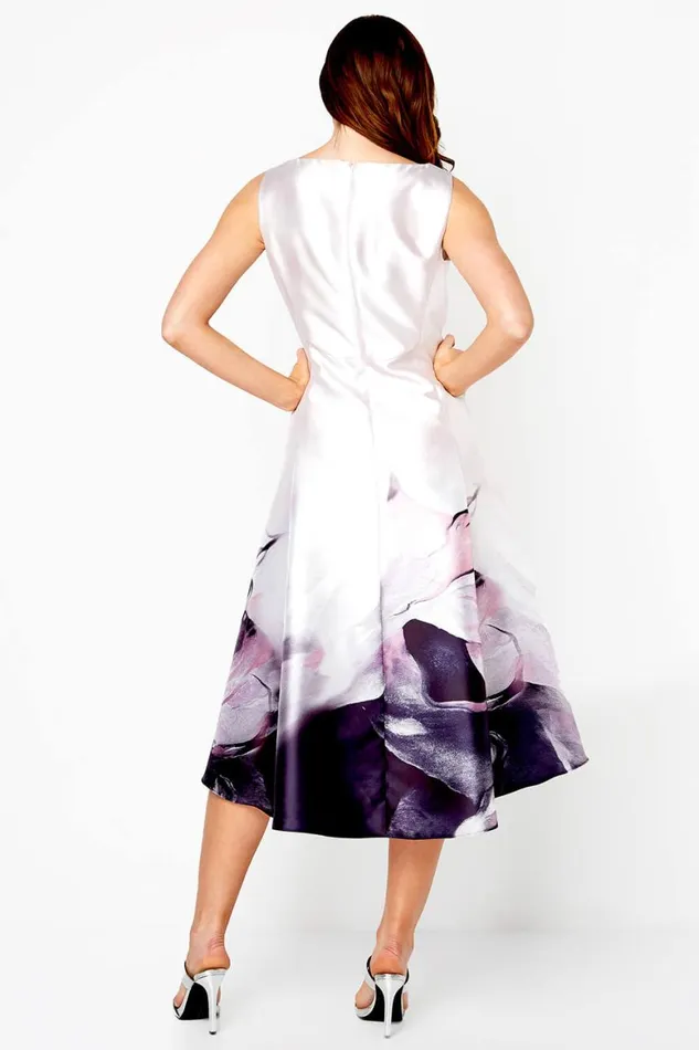 Women Pink Floral Print Dipped Hem Midi Dress Roman Dresses