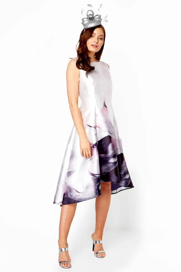 Women Pink Floral Print Dipped Hem Midi Dress Roman Dresses