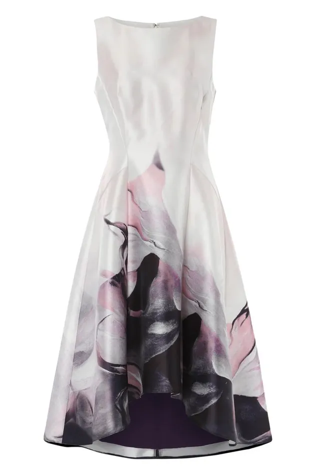 Women Pink Floral Print Dipped Hem Midi Dress Roman Dresses