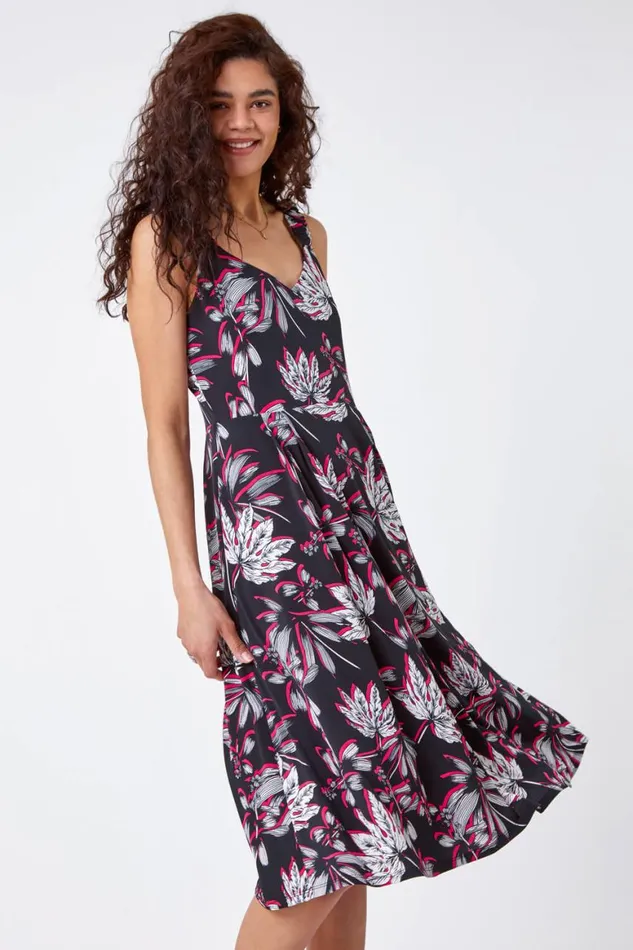 Women Pink Floral Print Midi Stretch Dress Roman Dresses