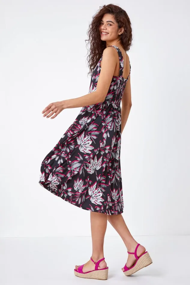Women Pink Floral Print Midi Stretch Dress Roman Dresses