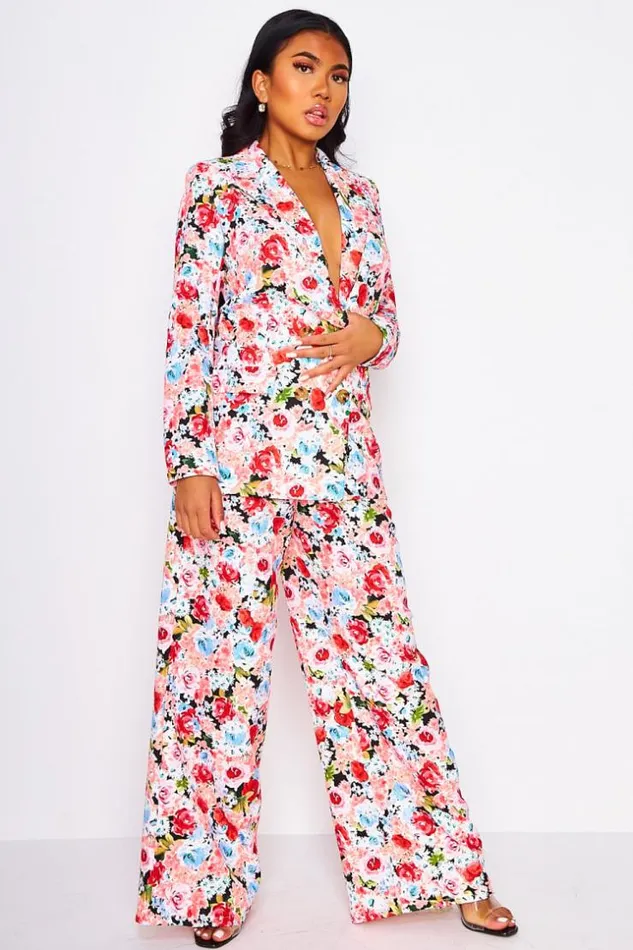 Women Pink Floral Print Pleated Pants Pink Brentiny Paris Ceremonial Outfits