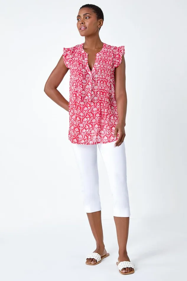 Women Pink Floral Print VNeck Frill Sleeve Blouse Roman Tops