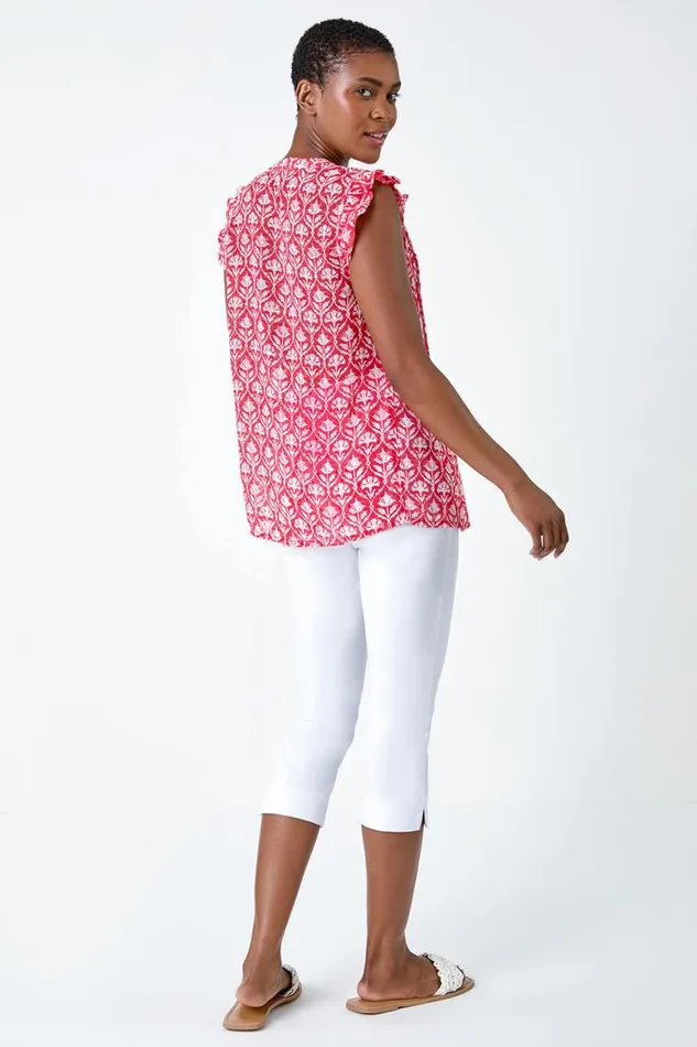 Women Pink Floral Print VNeck Frill Sleeve Blouse Roman Tops