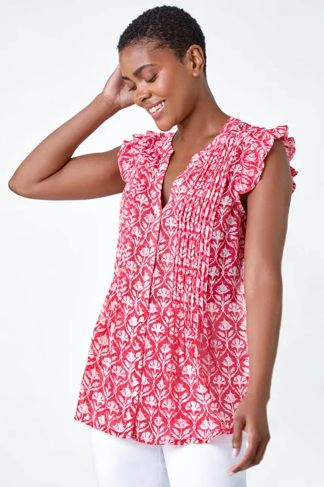 Women Pink Floral Print VNeck Frill Sleeve Blouse Roman Tops