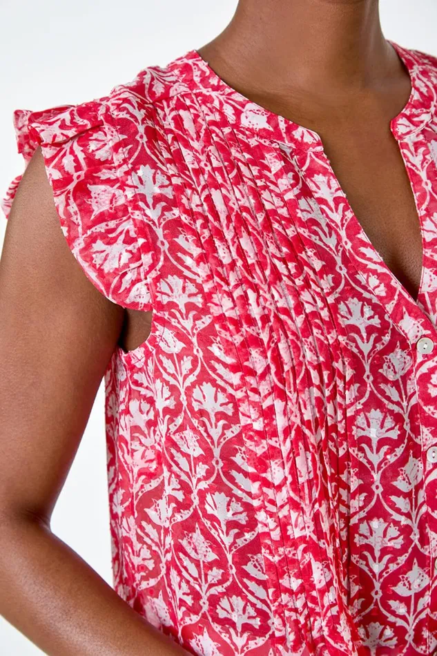 Women Pink Floral Print VNeck Frill Sleeve Blouse Roman Tops