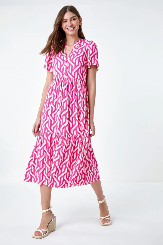 Women Pink Geometric Print Tiered Midi Dress Roman Dresses