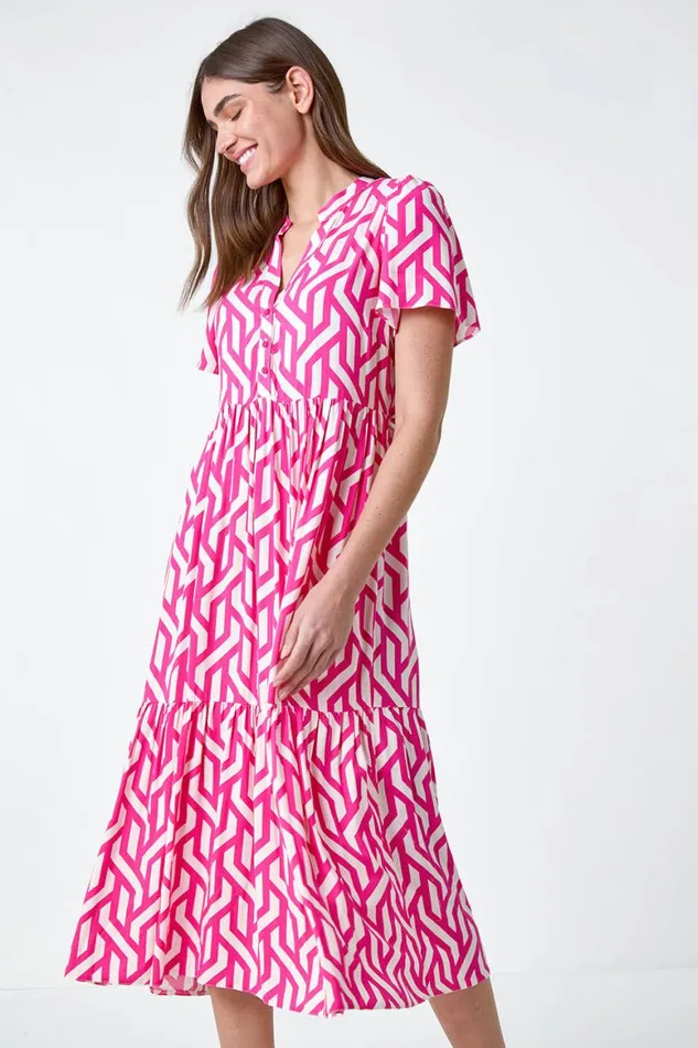 Women Pink Geometric Print Tiered Midi Dress Roman Dresses