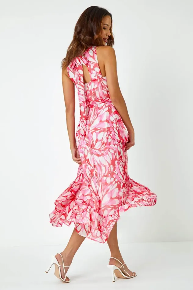 Women Pink Halterneck Butterfly Chiffon Asymmetric Dress Roman Dresses