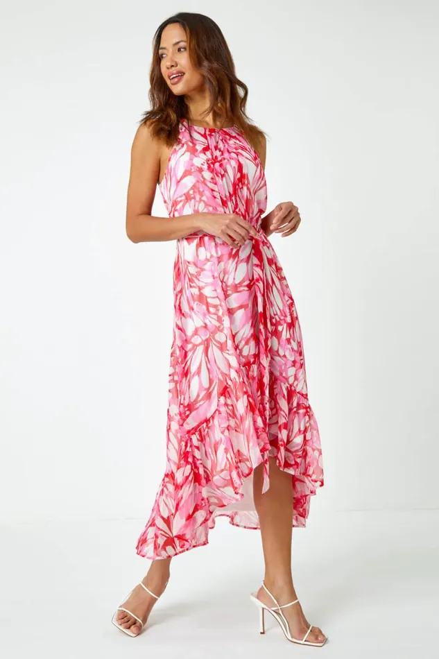 Women Pink Halterneck Butterfly Chiffon Asymmetric Dress Roman Dresses