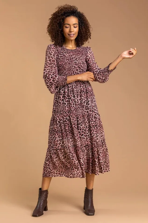 Women Pink Leopard Print Shirred Tier Dress Roman Dresses