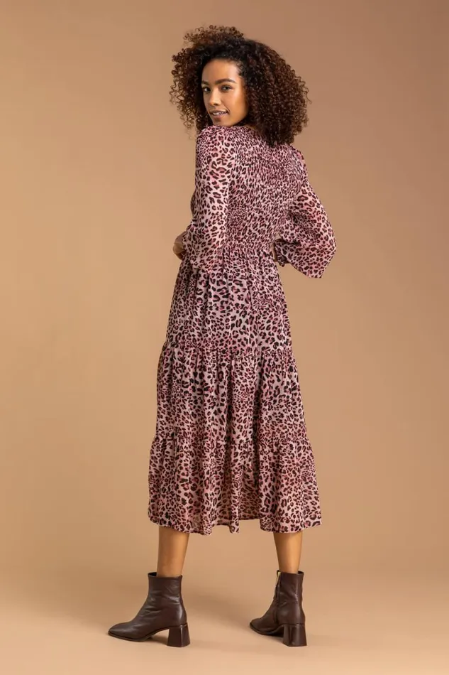 Women Pink Leopard Print Shirred Tier Dress Roman Dresses