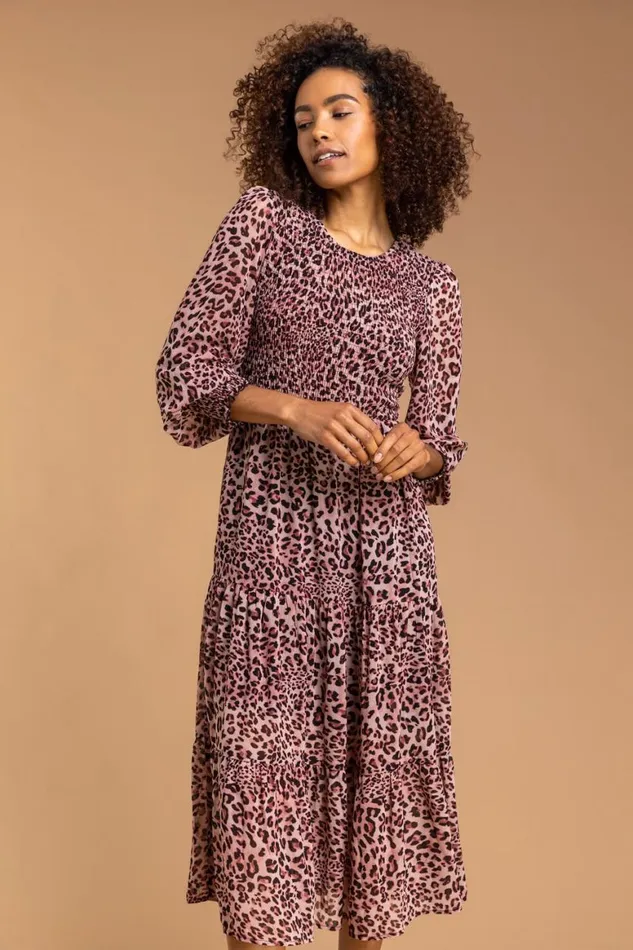 Women Pink Leopard Print Shirred Tier Dress Roman Dresses