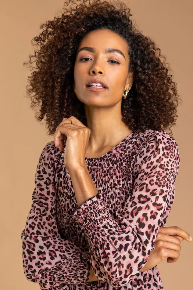 Women Pink Leopard Print Shirred Tier Dress Roman Dresses