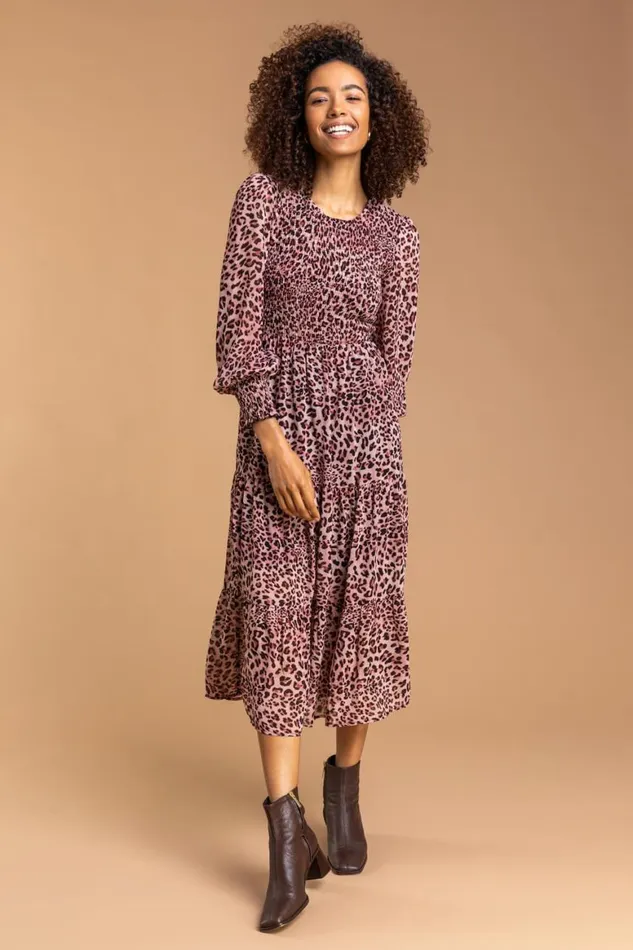 Women Pink Leopard Print Shirred Tier Dress Roman Dresses