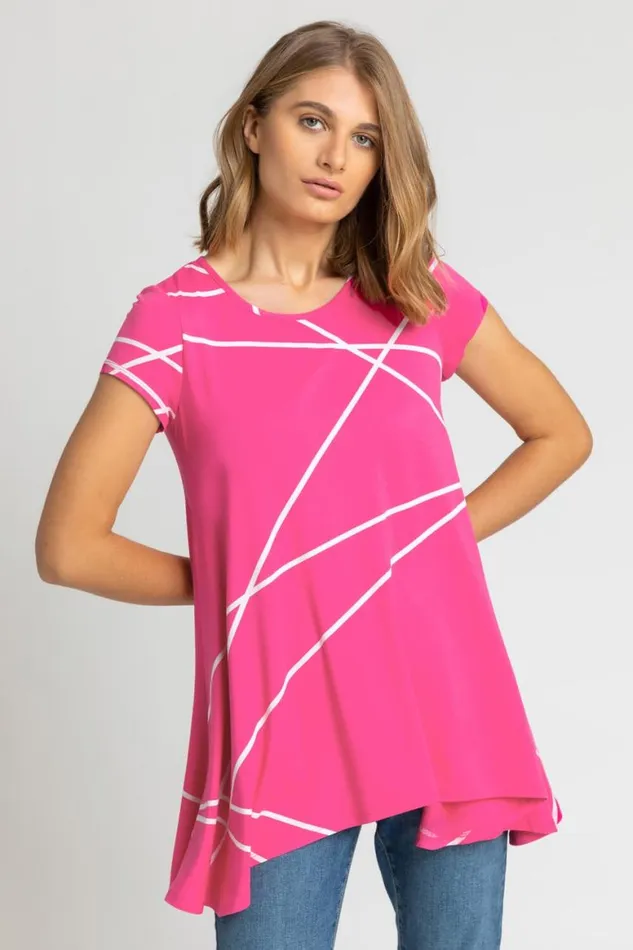 Women Pink Linear Print Hanky Hem Top Roman Tops