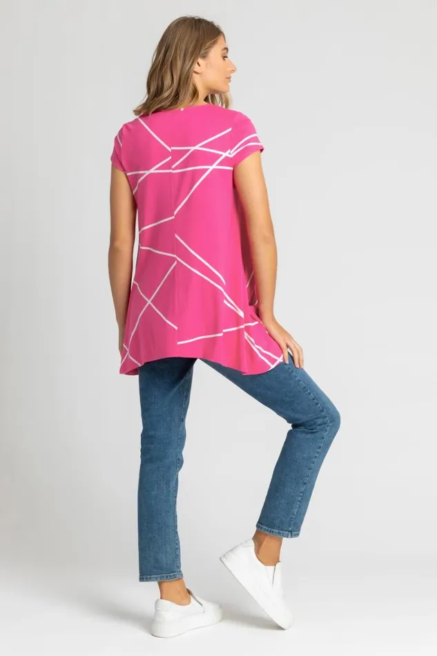 Women Pink Linear Print Hanky Hem Top Roman Tops