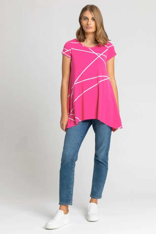 Women Pink Linear Print Hanky Hem Top Roman Tops