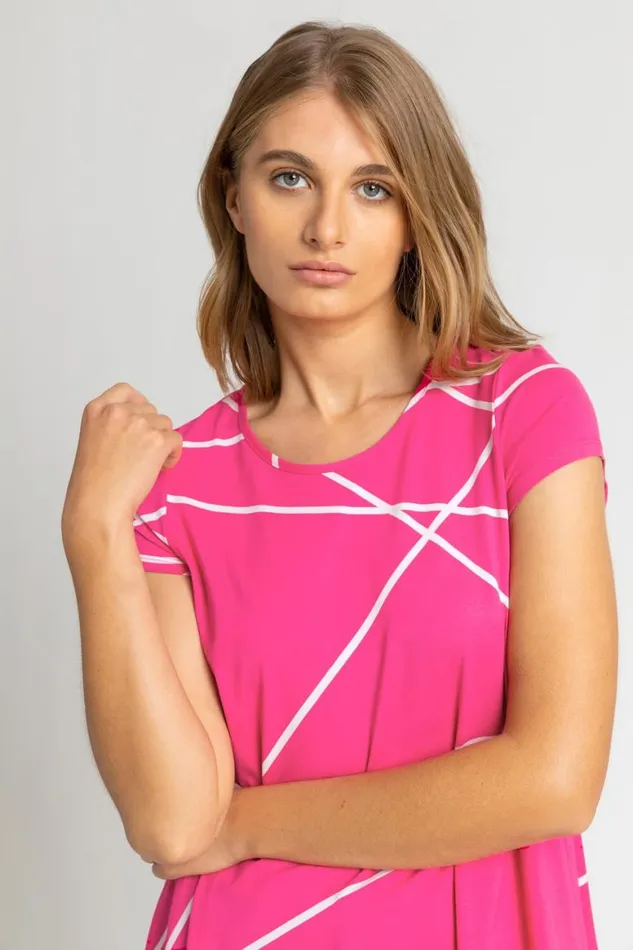 Women Pink Linear Print Hanky Hem Top Roman Tops