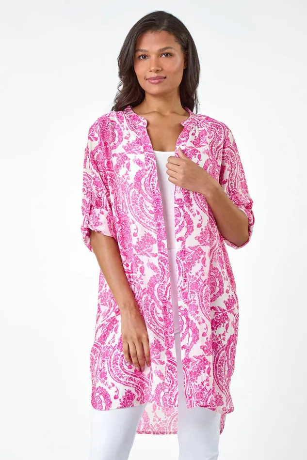 Women Pink Paisley Print Longline Blouse Roman Tops