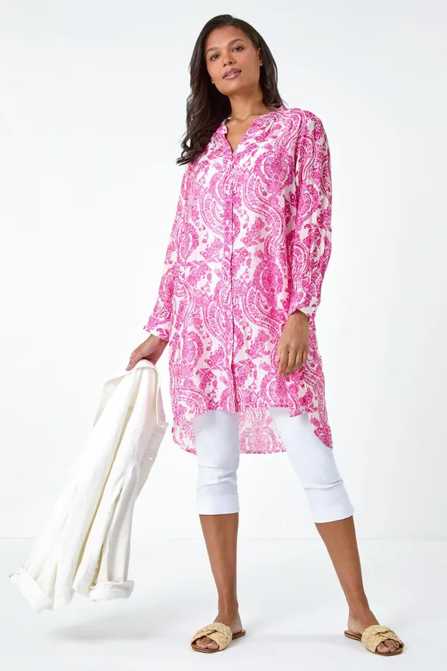 Women Pink Paisley Print Longline Blouse Roman Tops