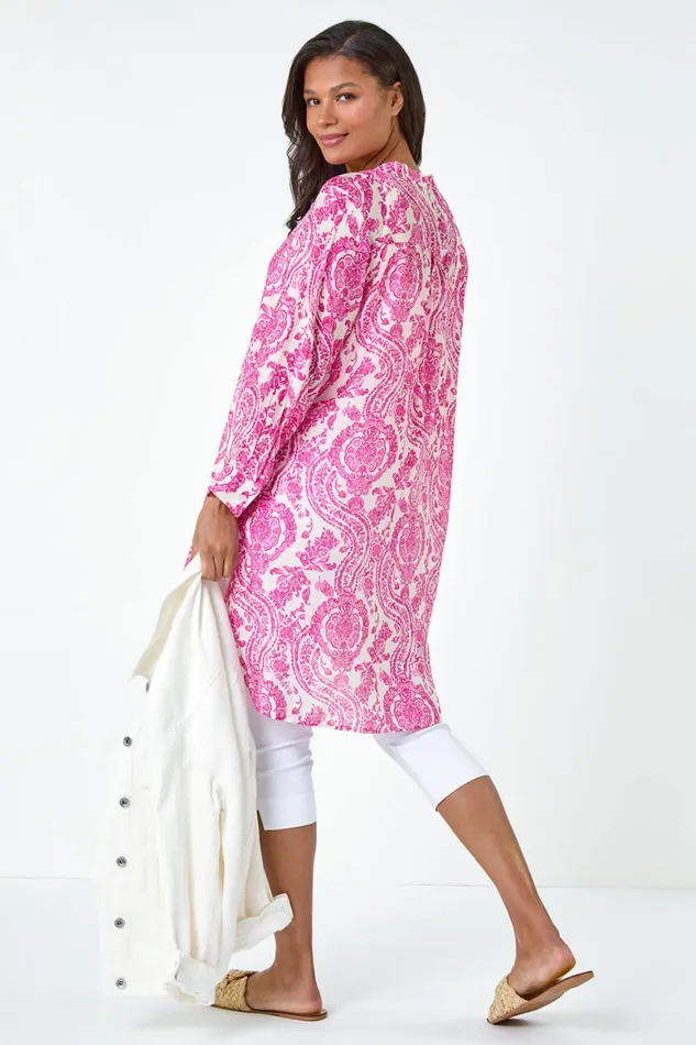 Women Pink Paisley Print Longline Blouse Roman Tops