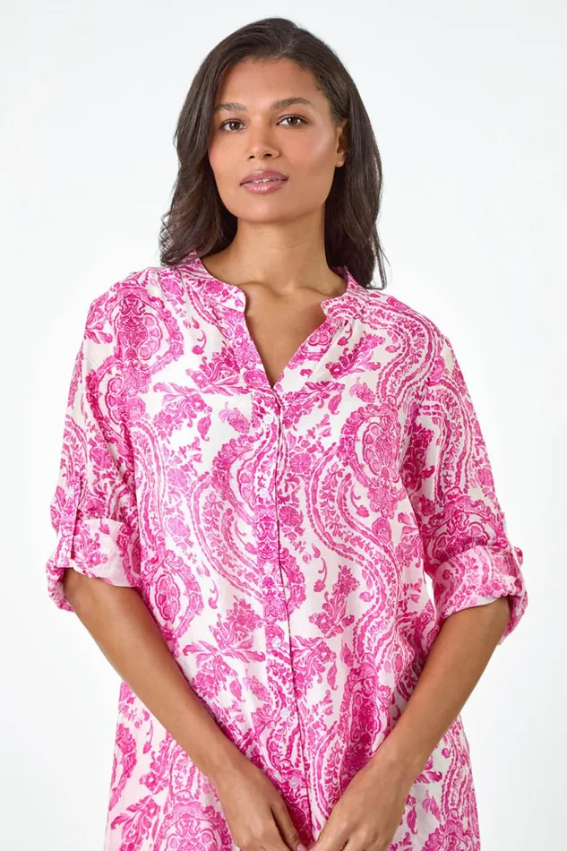 Women Pink Paisley Print Longline Blouse Roman Tops