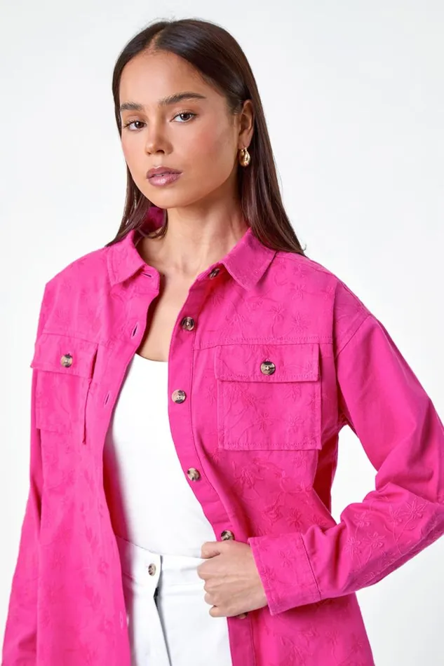Women Pink Petite Cotton Broderie Pocket Jacket Roman Jackets