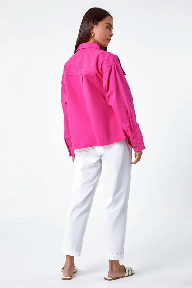 Women Pink Petite Cotton Broderie Pocket Jacket Roman Jackets
